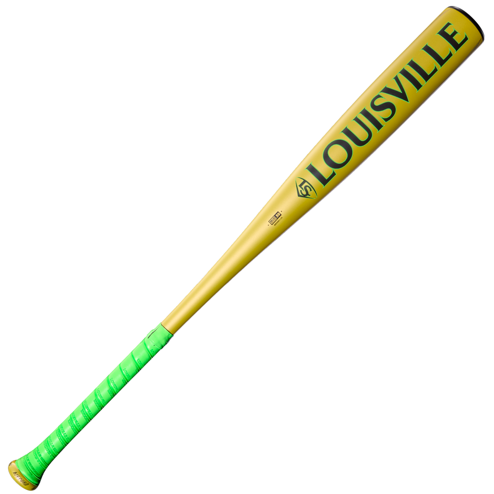 A yellow Louisville Slugger Dynasty (-3) BBCOR Baseball Bat (WBL4162010) with green grip tape and bold black LOUISVILLE branding on the barrel.