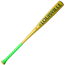 A yellow Louisville Slugger Dynasty (-3) BBCOR Baseball Bat (WBL4162010) with green grip tape and bold black LOUISVILLE branding on the barrel.