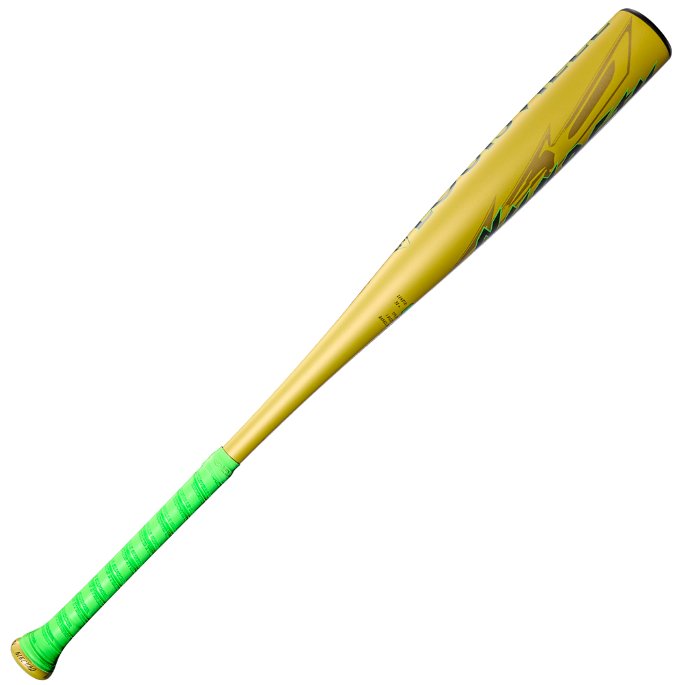 The 2026 Louisville Slugger Dynasty (-3) BBCOR Baseball Bat: WBL4162010 features a metallic gold alloy build, bright green grip, and sleek black-green barrel design—ideal for players seeking top BBCOR performance from Louisville Slugger.