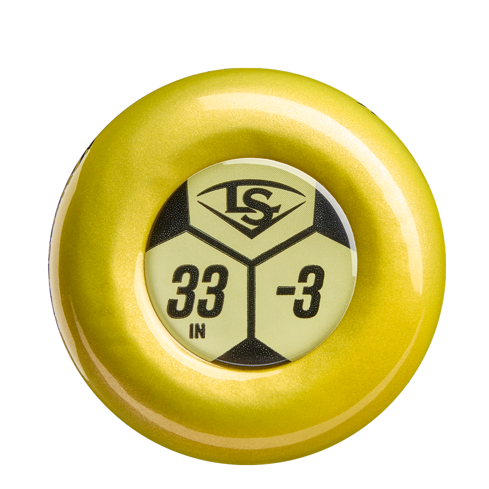 A yellow circular sticker with a hexagonal pattern features the Louisville Slugger logo, 33 IN, and -3—perfect for your 2026 Louisville Slugger Dynasty (-3) BBCOR Baseball Bat: WBL4162010 or any BBCOR bat.