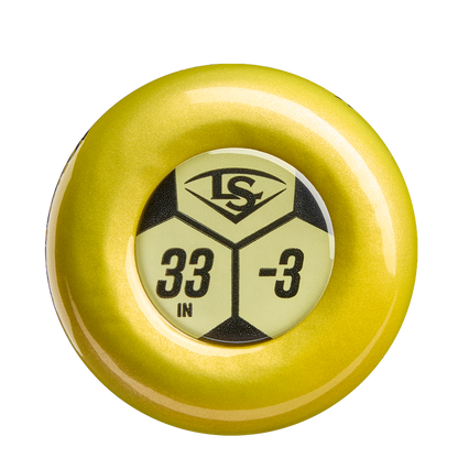 A yellow circular sticker with a hexagonal pattern features the Louisville Slugger logo, 33 IN, and -3—perfect for your 2026 Louisville Slugger Dynasty (-3) BBCOR Baseball Bat: WBL4162010 or any BBCOR bat.