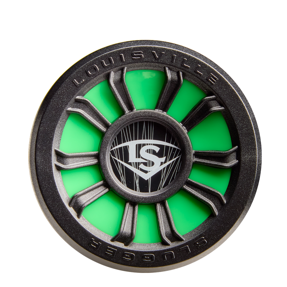 A close-up of the 2026 Louisville Slugger Dynasty (-3) BBCOR Baseball Bat shows a round, green and black design with spokes and the LS logo at the center. "Louisville" and "Slugger" appear on the rim, reflecting its quality brand.