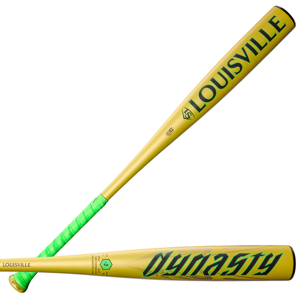 Two yellow 2026 Louisville Slugger Dynasty (-3) BBCOR Baseball Bats (WBL4162010) with green accents, including a green grip; one features the LOUISVILLE logo, the other shows DYNASTY branding on its one-piece alloy design.