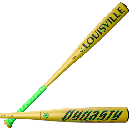Two yellow 2026 Louisville Slugger Dynasty (-3) BBCOR Baseball Bats (WBL4162010) with green accents, including a green grip; one features the LOUISVILLE logo, the other shows DYNASTY branding on its one-piece alloy design.