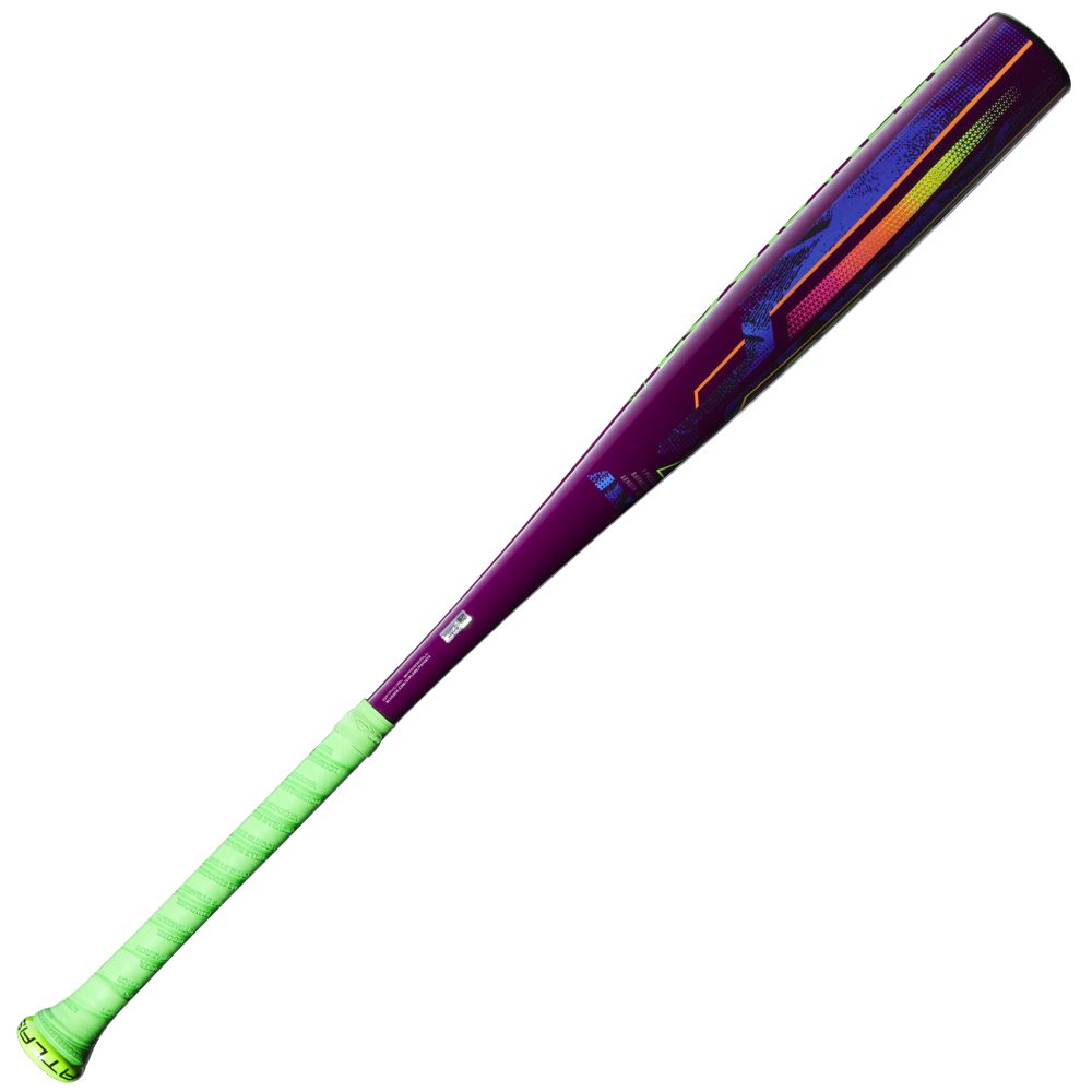 The 2025 Louisville Slugger Atlas Neon Energy (-3) BBCOR Baseball Bat features a neon green grip, purple barrel, and vibrant geometric patterns for standout style and performance—perfect for players seeking both looks and power.