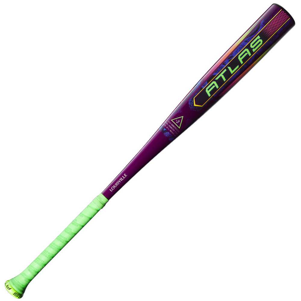 The 2025 Louisville Slugger Atlas Neon Energy (-3) BBCOR Baseball Bat (WBL4164010) features an EVOKE Alloy Barrel, green grip tape on the handle, and vibrant lettering and accents along the barrel.