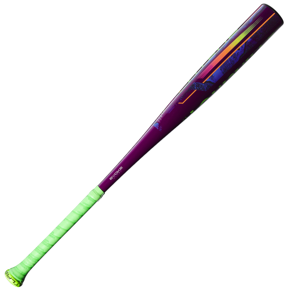 The 2025 Louisville Slugger Atlas Neon Energy (-3) BBCOR Baseball Bat (WBL4164010) features a bright green grip, purple barrel, and neon blue, green, and orange accents for a bold, modern look by Louisville Slugger.
