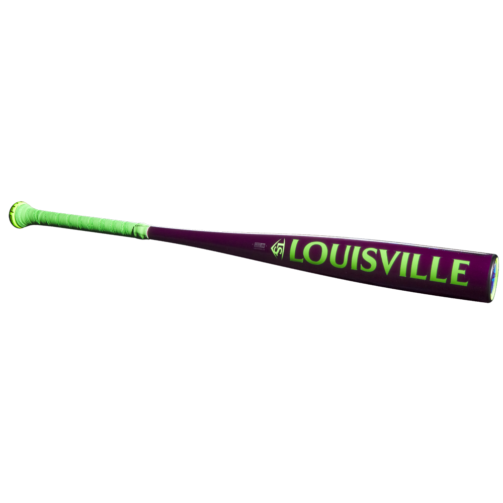 The 2025 Louisville Slugger Atlas Neon Energy (-3) BBCOR Baseball Bat features a dark purple EVOKE Alloy Barrel, neon green LOUISVILLE text, and a matching grip—ideal for players craving power and precision.