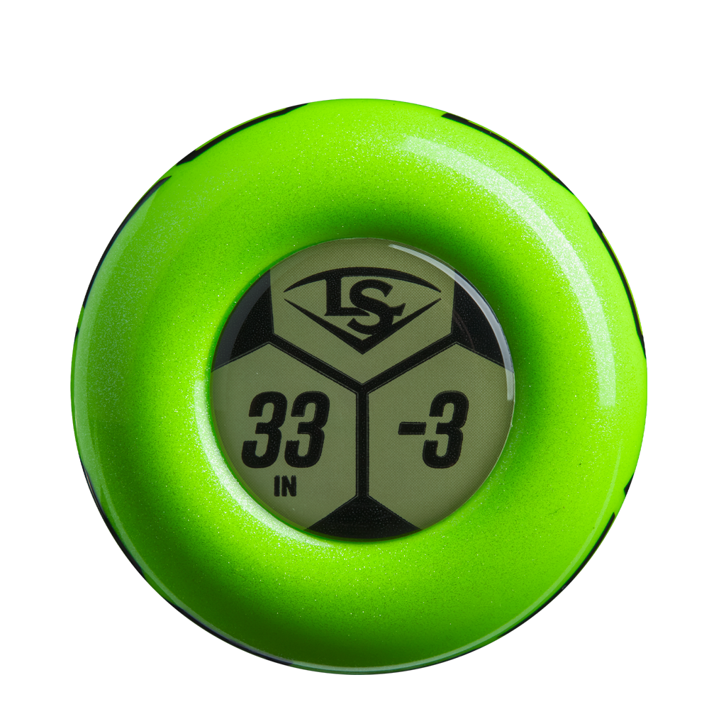 A bright green, shiny circular object resembling a bat knob displays a black and white LS label with "33 IN" and "-3," typical features of the 2025 Louisville Slugger Atlas Neon Energy (-3) BBCOR Baseball Bat: WBL4164010.