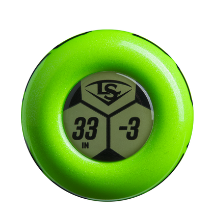 A bright green, shiny circular object resembling a bat knob displays a black and white LS label with "33 IN" and "-3," typical features of the 2025 Louisville Slugger Atlas Neon Energy (-3) BBCOR Baseball Bat: WBL4164010.