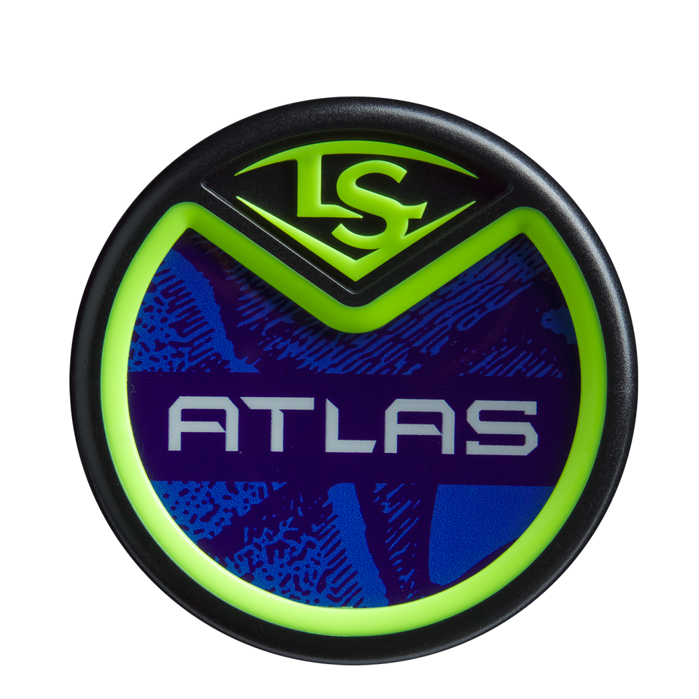 A round, black and neon green bat knob features the Louisville Slugger Atlas logo and bold "ATLAS" lettering on blue, signaling its connection to the 2025 Louisville Slugger Atlas Neon Energy (-3) BBCOR Baseball Bat: WBL4164010 lineup.
