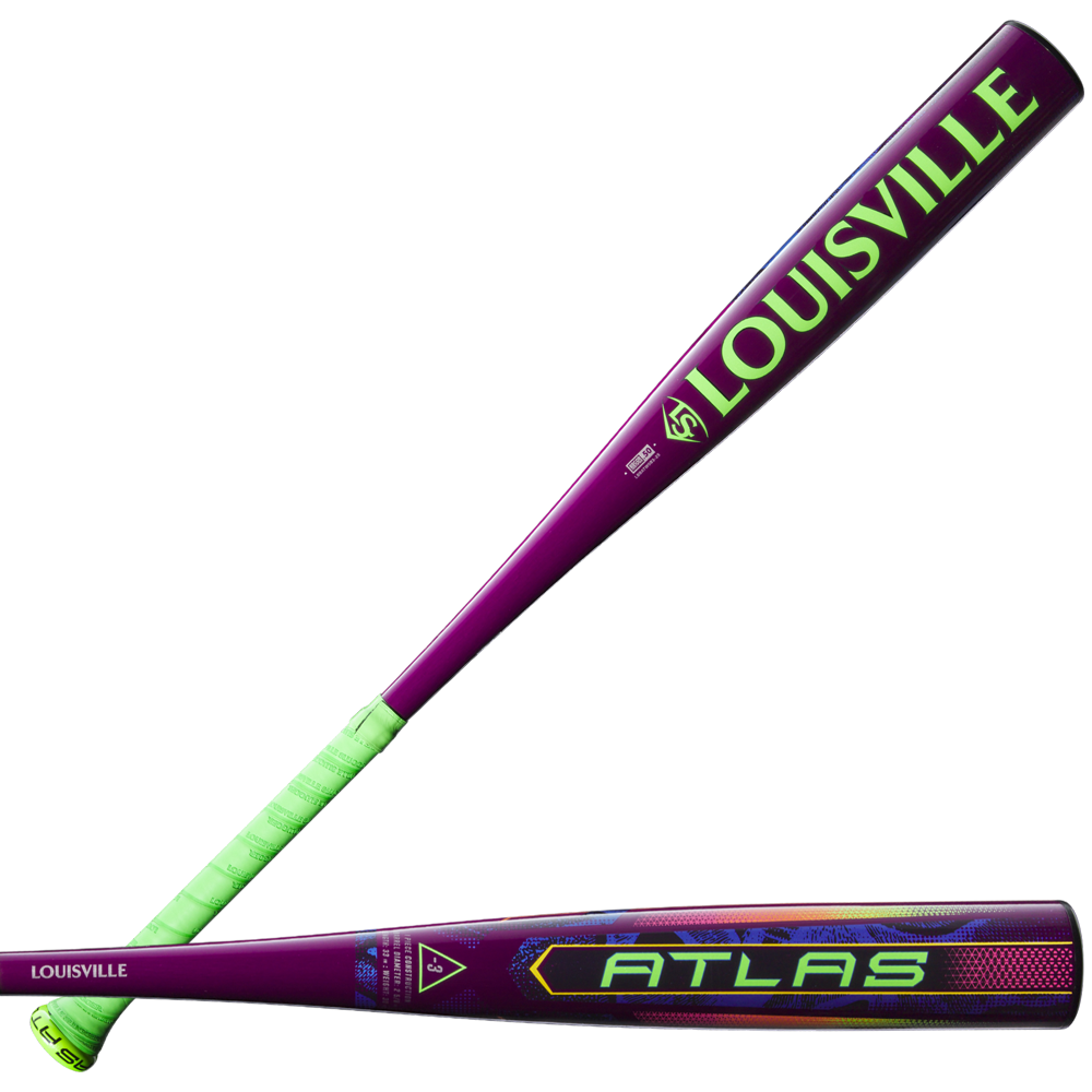 Two views of the 2025 Louisville Slugger Atlas Neon Energy (-3) BBCOR Baseball Bat, featuring LOUISVILLE and ATLAS branding, an EVOKE Alloy Barrel, textured green grip, and bold geometric graphics in vibrant purple and neon green.