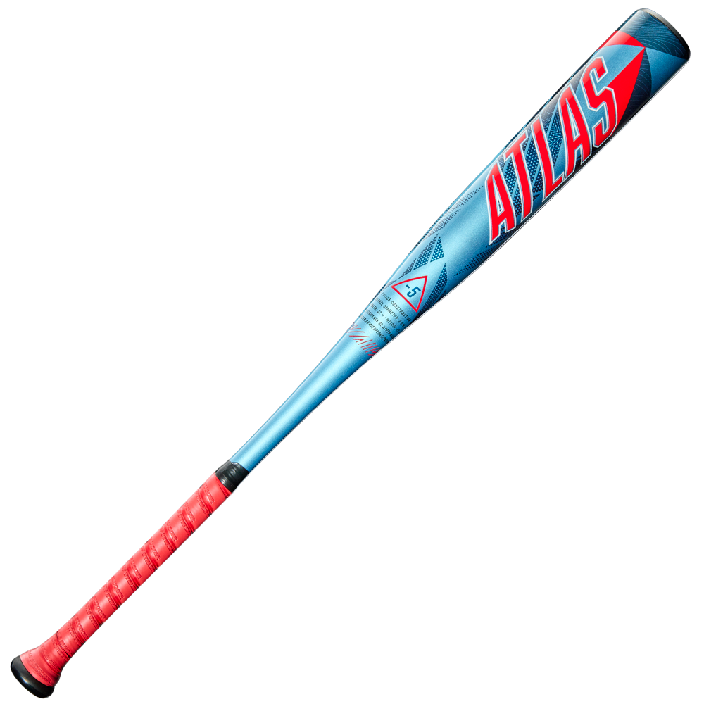 The 2026 Louisville Slugger Atlas (-5) USA Baseball Bat (WBL4166010) features bold red “ATLAS” lettering on a blue and red barrel, a red grip, and a modern design made from durable SL Hyper Alloy for youth players.