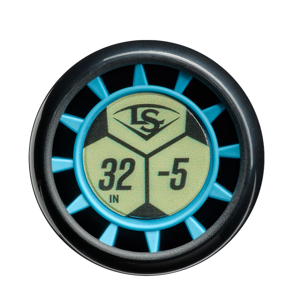 A close-up of the Louisville Slugger Atlas (-5) 2 5/8" USA Baseball Bat knob shows a circular yellow design with blue accents and black "LS," "32 IN," and "-5" labels—ideal for youth bat collections.