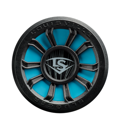 A circular black and teal object with a wheel-like design, Louisville Slugger text, and LS logo, inspired by the SL Hyper Alloy in the 2026 Louisville Slugger Atlas (-5) USA Baseball Bat (WBL4166010), on a white background.