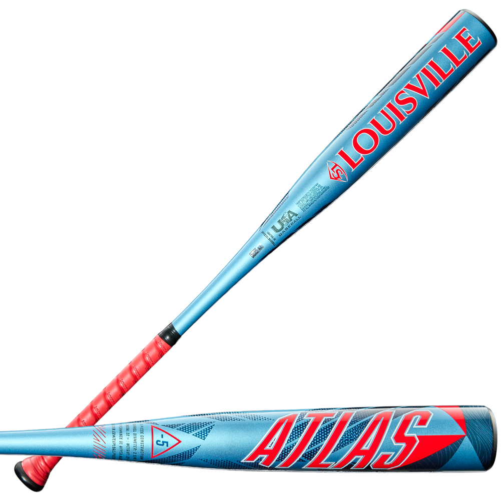 Two metallic blue youth bats, each with black and red grips, feature bold “LOUISVILLE” and “ATLAS” logos—highlighting the 2026 Louisville Slugger Atlas (-5) USA Baseball Bat with SL Hyper Alloy geometric designs.