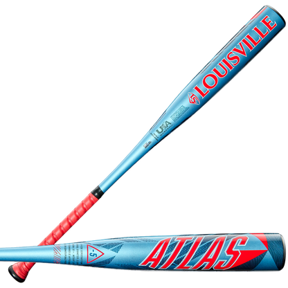 Two metallic blue youth bats, each with black and red grips, feature bold “LOUISVILLE” and “ATLAS” logos—highlighting the 2026 Louisville Slugger Atlas (-5) USA Baseball Bat with SL Hyper Alloy geometric designs.