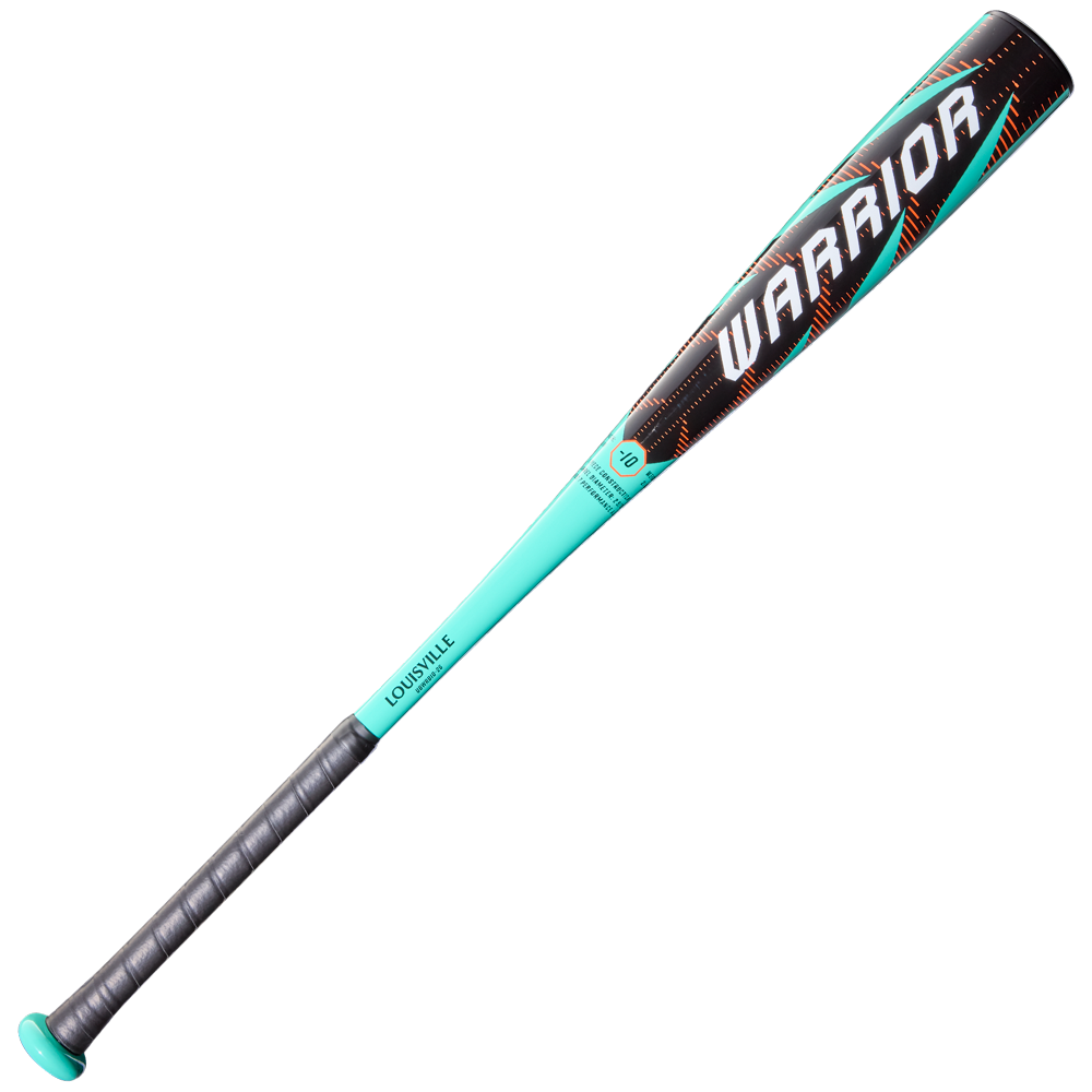 A turquoise and black 2026 Louisville Slugger Warrior (-10) USA Baseball Bat (WBL4167010) featuring a gray grip and "WARRIOR" in bold white letters on the barrel.