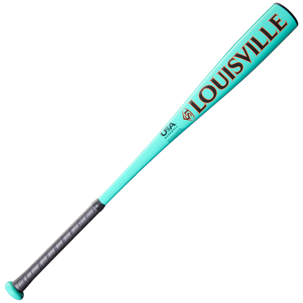 The 2026 Louisville Slugger Warrior (-10) USA Baseball Bat (WBL4167010) features a turquoise barrel, black grip, and bold orange LOUISVILLE lettering.