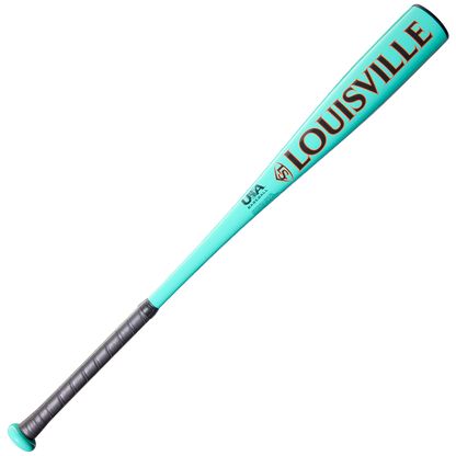 The 2026 Louisville Slugger Warrior (-10) USA Baseball Bat (WBL4167010) features a turquoise barrel, black grip, and bold orange LOUISVILLE lettering.