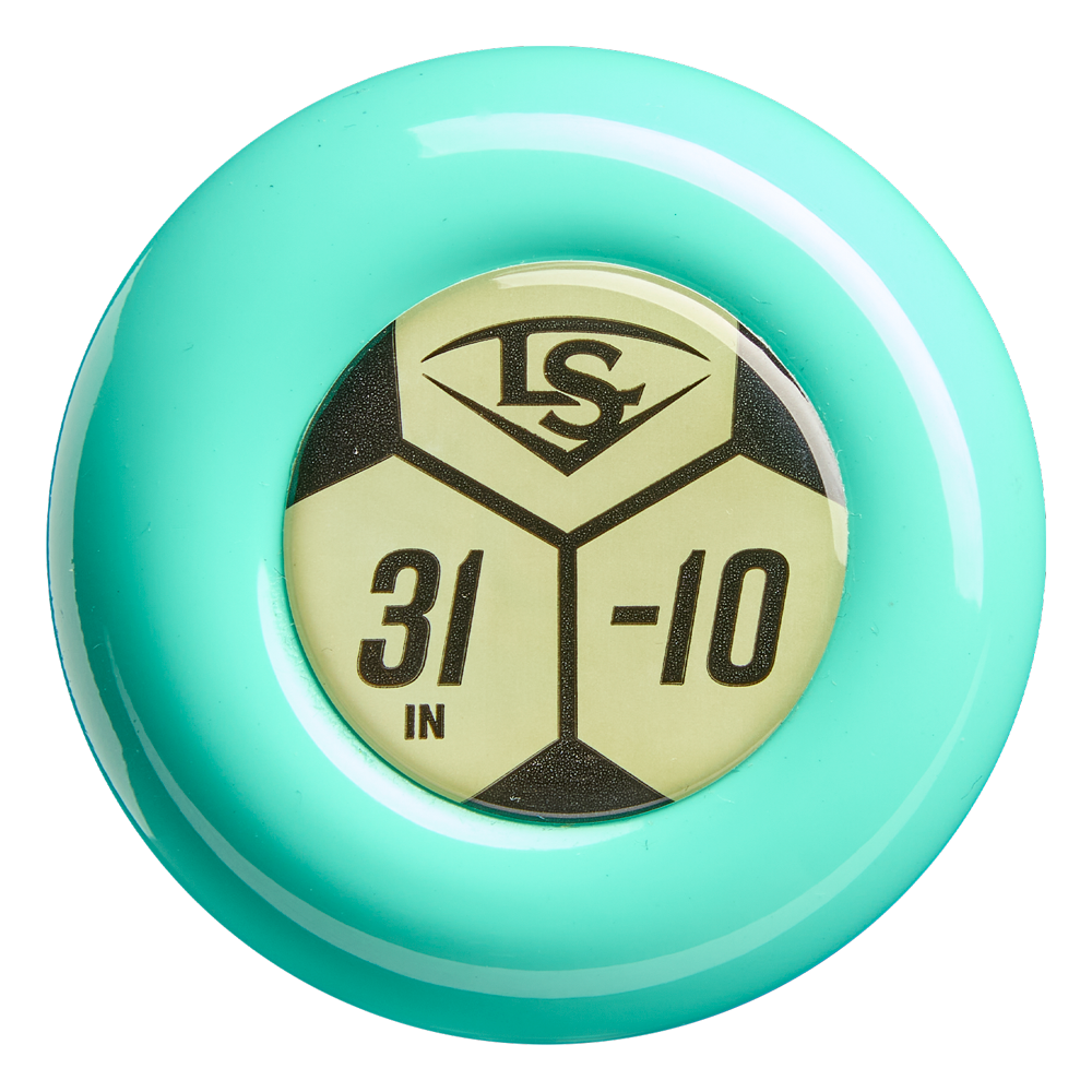 A turquoise disc with a gold and black center displaying “LS,” “31 IN,” and “-10” in bold, resembling a tool for the Louisville Slugger Warrior (-10) 2 5/8" USA Baseball Bat: WBL4167010 by Louisville Slugger.