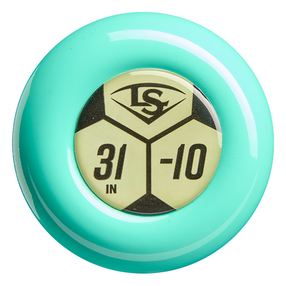 A turquoise disc with a gold and black center displaying “LS,” “31 IN,” and “-10” in bold, resembling a tool for the Louisville Slugger Warrior (-10) 2 5/8" USA Baseball Bat: WBL4167010 by Louisville Slugger.