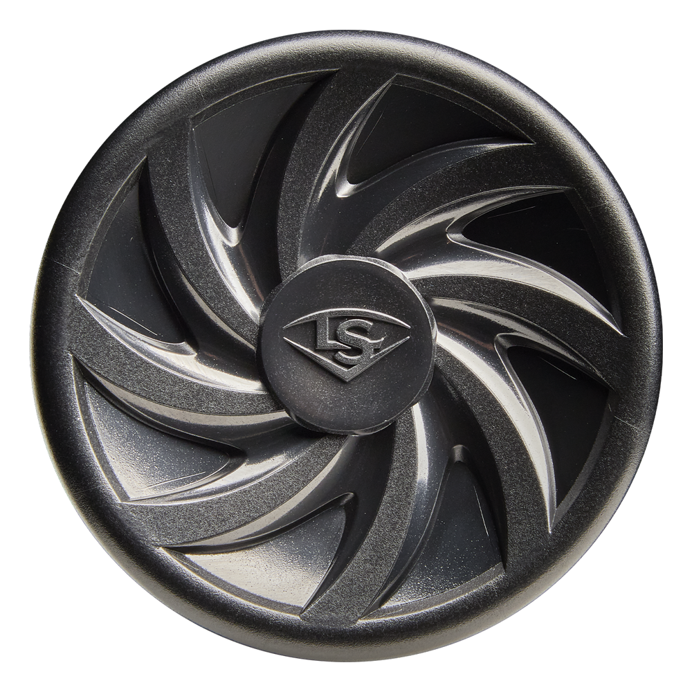 A round, metallic car wheel center cap with a swirling turbine design and embossed LS letters—echoing the bold style of the Louisville Slugger Warrior (-10) 2 5/8" USA Baseball Bat. Features both matte and shiny finishes.