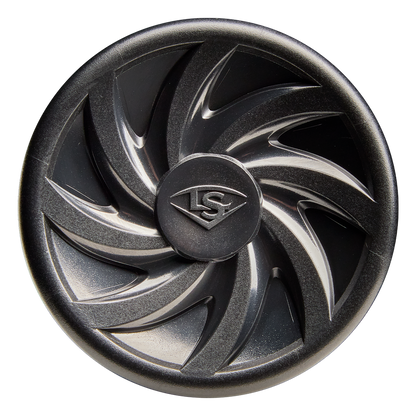 A round, metallic car wheel center cap with a swirling turbine design and embossed LS letters—echoing the bold style of the Louisville Slugger Warrior (-10) 2 5/8" USA Baseball Bat. Features both matte and shiny finishes.