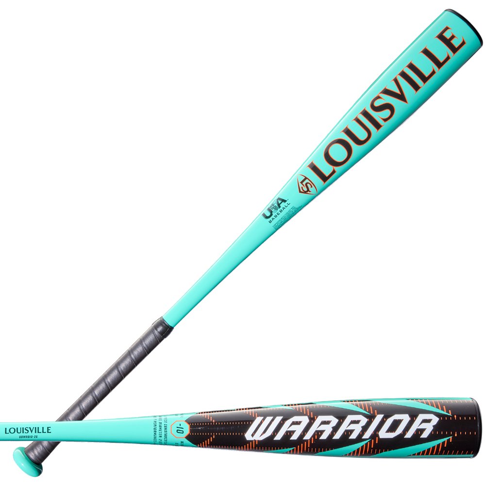 Two turquoise 2026 Louisville Slugger Warrior (-10) USA baseball bats feature black grips—one with a red LOUISVILLE logo, the other WARRIOR in bold white on a black/red background. Both have balanced swing weight and Series 7 Premium Alloy Barrel.