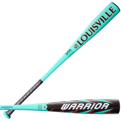 Two turquoise 2026 Louisville Slugger Warrior (-10) USA baseball bats feature black grips—one with a red LOUISVILLE logo, the other WARRIOR in bold white on a black/red background. Both have balanced swing weight and Series 7 Premium Alloy Barrel.
