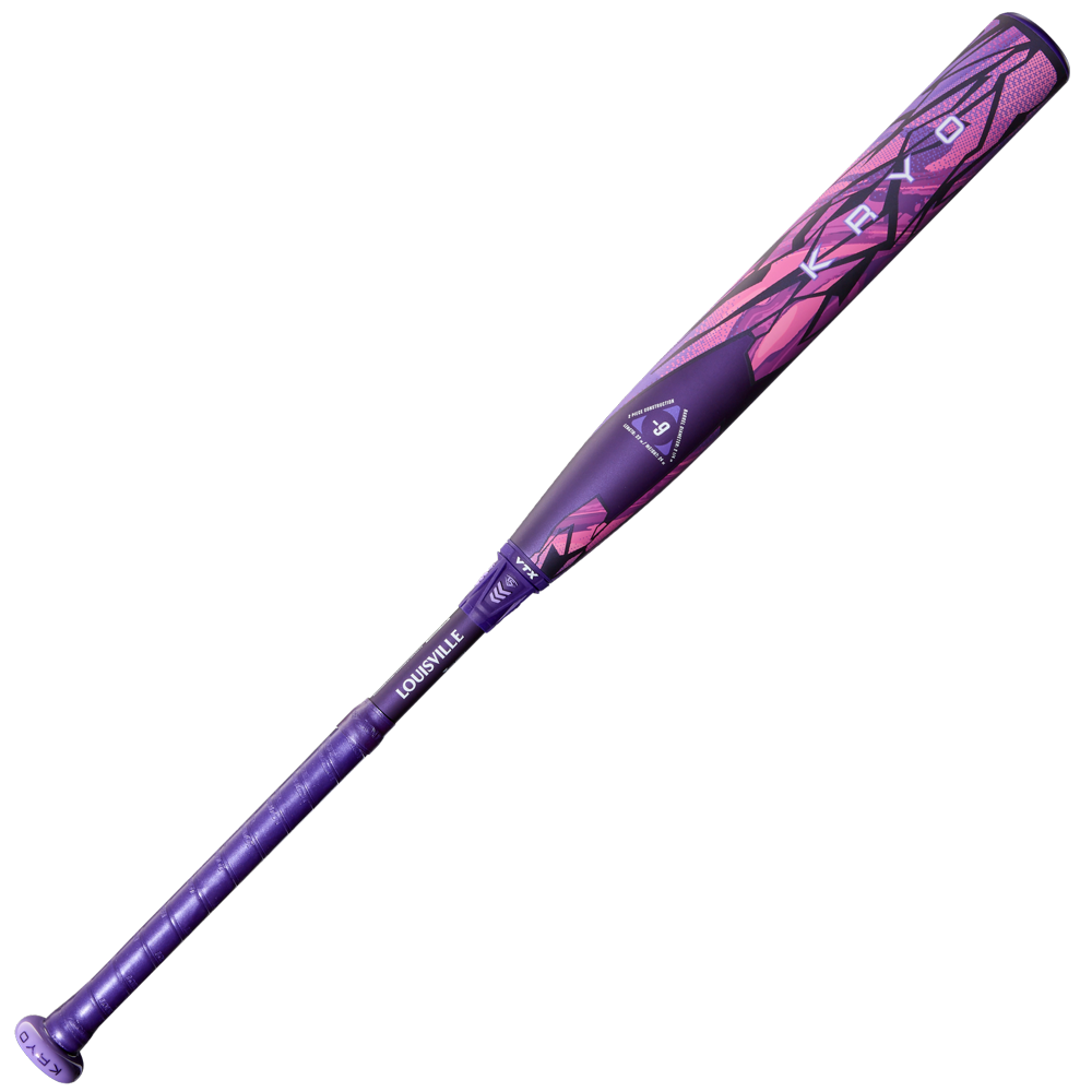 The 2026 Louisville Slugger Kryo Thundernight (-9) Fastpitch Softball Bat (WBL4169010) features a purple grip, pink and purple geometric design, metallic finish, and GO-EX1 Barrel System for enhanced performance. Brand: Louisville Slugger.