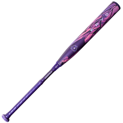 The 2026 Louisville Slugger Kryo Thundernight (-9) Fastpitch Softball Bat (WBL4169010) features a purple grip, pink and purple geometric design, metallic finish, and GO-EX1 Barrel System for enhanced performance. Brand: Louisville Slugger.