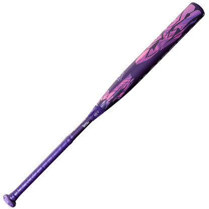 The 2026 Louisville Slugger Kryo Thundernight (-9) Fastpitch Softball Bat (WBL4169010) showcases a purple and pink abstract geometric design on the GO-EX1 Barrel System, with a textured grip and glossy finish, set against a white background.