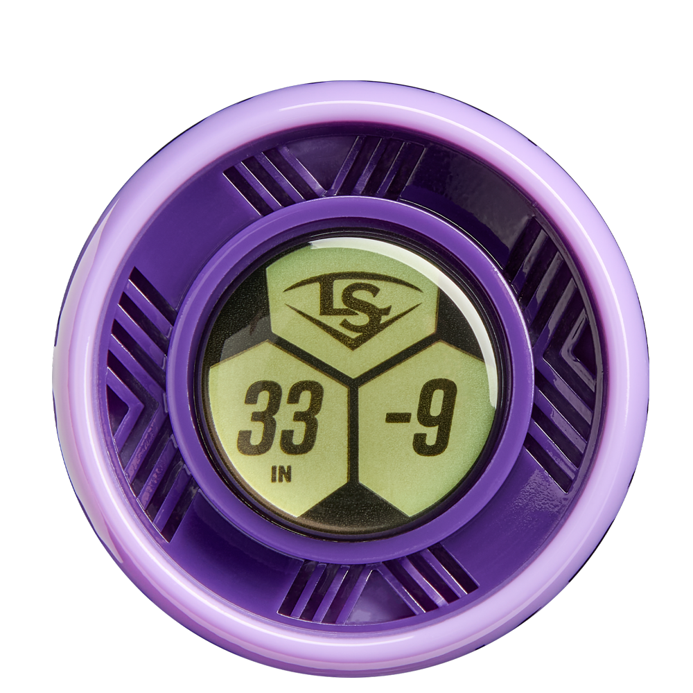 A close-up of a circular, purple metallic knob with a digital display reading 33 IN -9 and an LS hexagon logo highlights the 2026 Louisville Slugger Kryo Thundernight (-9) Fastpitch Softball Bat (WBL4169010).