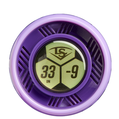 A close-up of a circular, purple metallic knob with a digital display reading 33 IN -9 and an LS hexagon logo highlights the 2026 Louisville Slugger Kryo Thundernight (-9) Fastpitch Softball Bat (WBL4169010).