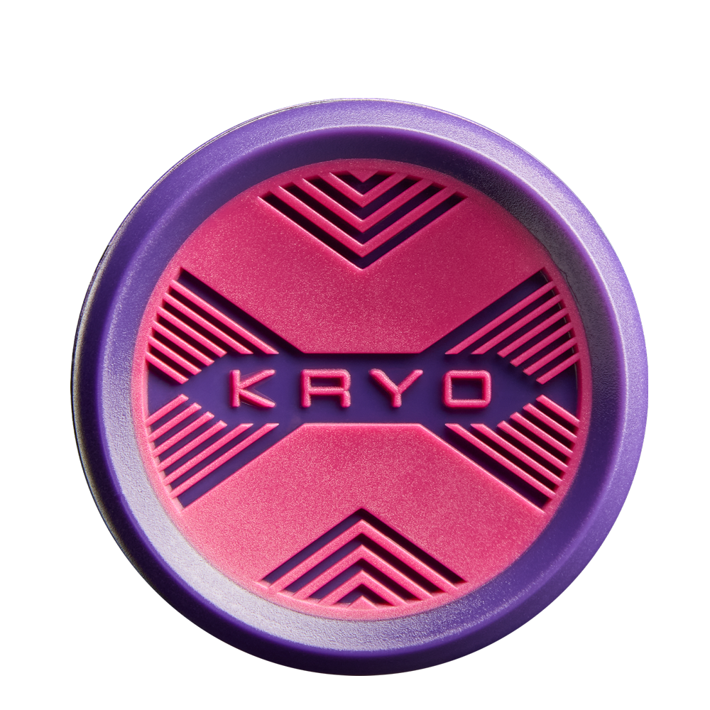 A round item with a purple rim and pink center, showcasing geometric patterns and "KRYO" embossed, inspired by the Louisville Slugger Kryo Thundernight (-9) Fastpitch Softball Bat's innovative GO-EX1 Barrel System.