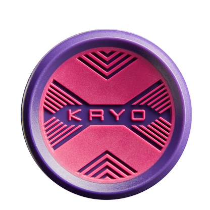 A round item with a purple rim and pink center, showcasing geometric patterns and "KRYO" embossed, inspired by the Louisville Slugger Kryo Thundernight (-9) Fastpitch Softball Bat's innovative GO-EX1 Barrel System.