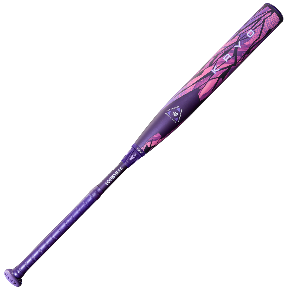 A diagonally viewed 2026 Louisville Slugger Kryo Thundernight (-10) Fastpitch Softball Bat (WBL4170010), in purple and pink with geometric patterns, showcases advanced design from the iconic Louisville Slugger brand.
