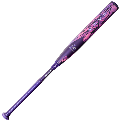A diagonally viewed 2026 Louisville Slugger Kryo Thundernight (-10) Fastpitch Softball Bat (WBL4170010), in purple and pink with geometric patterns, showcases advanced design from the iconic Louisville Slugger brand.
