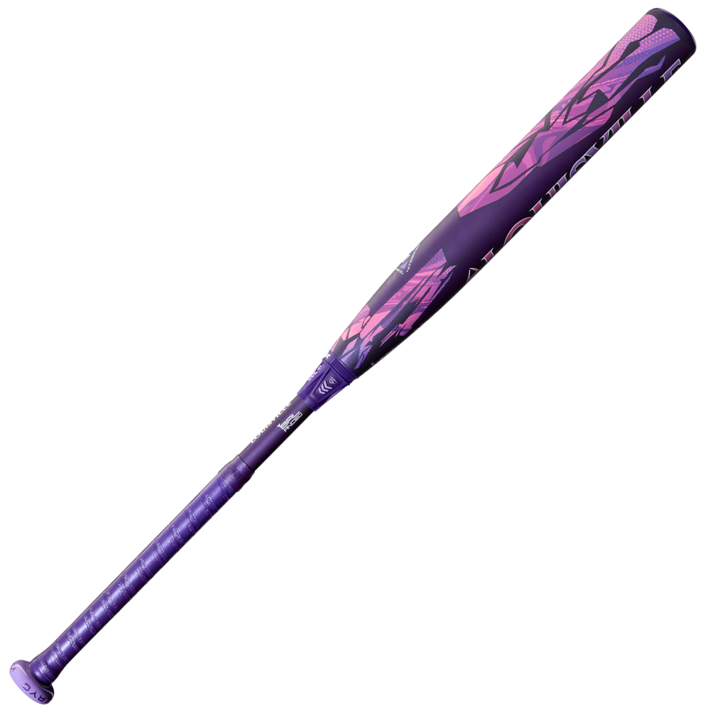 A 2026 Louisville Slugger Kryo Thundernight (-10) Fastpitch Softball Bat (WBL4170010) in purple and pink, features geometric barrel patterns, a textured grip, and a flared knob. The bat is shown against a plain white background.
