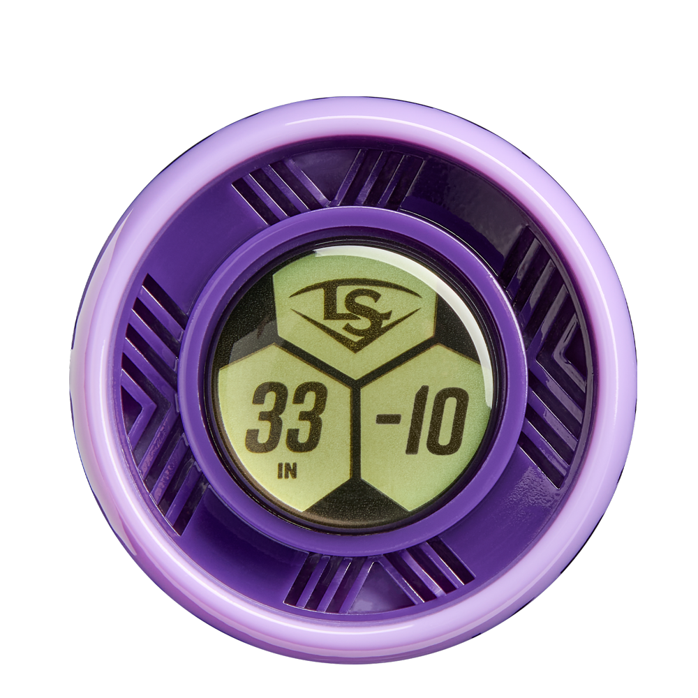 A close-up of a purple circular label with a stylized LS logo and “33 IN -10”, resembling the Louisville Slugger Kryo Thundernight (-10) Fastpitch Softball Bat: WBL4170010.