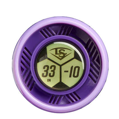 A close-up of a purple circular label with a stylized LS logo and “33 IN -10”, resembling the Louisville Slugger Kryo Thundernight (-10) Fastpitch Softball Bat: WBL4170010.