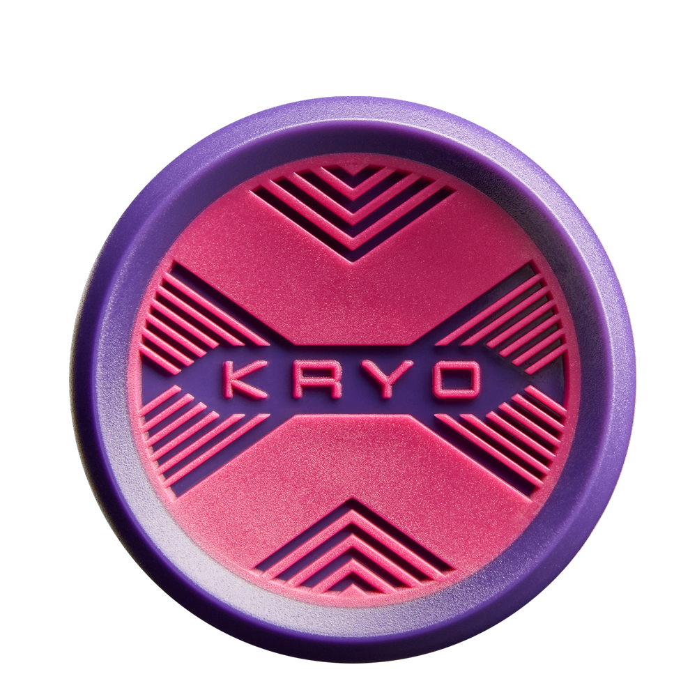 A round object inspired by the 2026 Louisville Slugger Kryo Thundernight (-10) Fastpitch Softball Bat, featuring purple and pink geometric patterns, a thick purple border, and a raised "KRYO" label in the center.