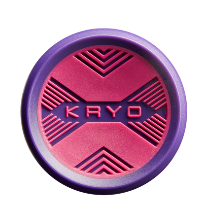 A round object inspired by the 2026 Louisville Slugger Kryo Thundernight (-10) Fastpitch Softball Bat, featuring purple and pink geometric patterns, a thick purple border, and a raised "KRYO" label in the center.