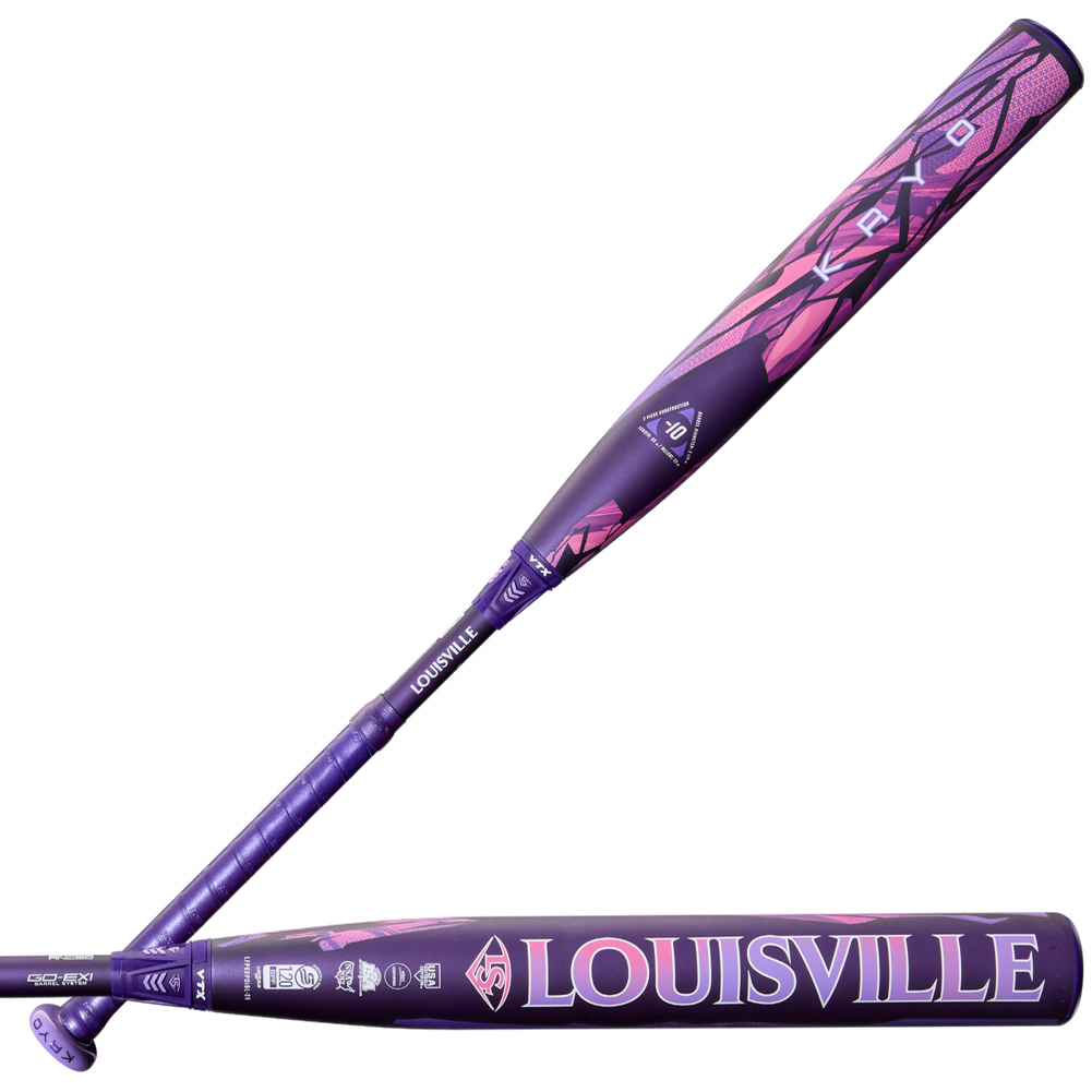 A purple and pink 2026 Louisville Slugger Kryo Thundernight (-10) Fastpitch Softball Bat (WBL4170010) with a geometric design is shown; one features the GO-EX1 Barrel System angled, another highlights the brand name and graphics horizontally.