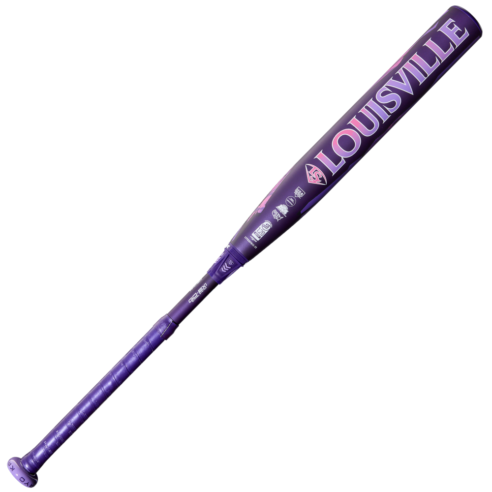 The 2026 Louisville Slugger Kryo Thundernight (-11) Fastpitch Softball Bat (WBL4171010) features a purple design with pink accents and “LOUISVILLE” boldly printed along the barrel.
