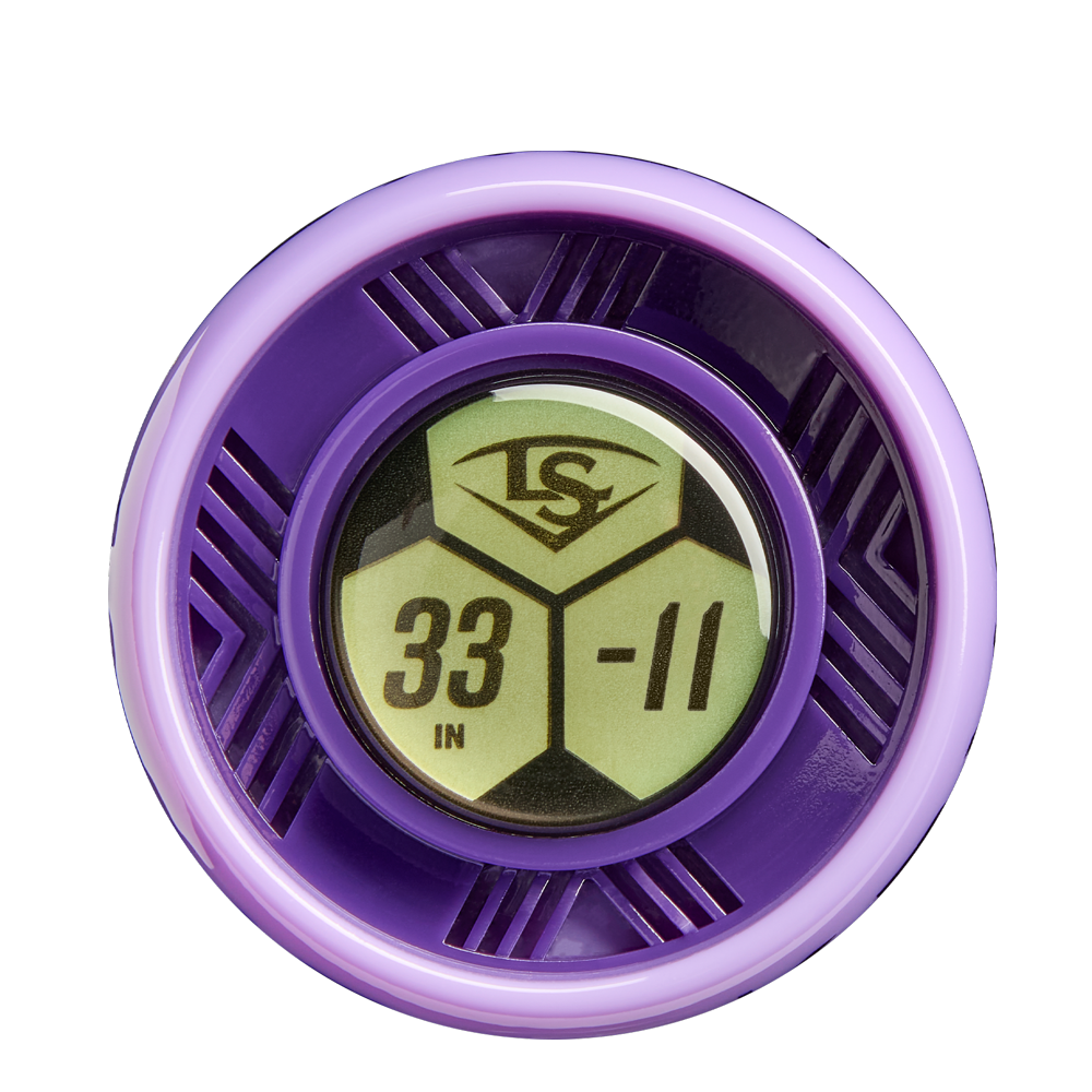 A close-up of the 2026 Louisville Slugger Kryo Thundernight (-11) Fastpitch Softball Bat (WBL4171010), featuring a round, purple end cap with “33 IN -11” and the Louisville Slugger logo over a hexagonal pattern.