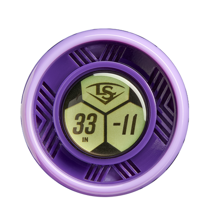 A close-up of the 2026 Louisville Slugger Kryo Thundernight (-11) Fastpitch Softball Bat (WBL4171010), featuring a round, purple end cap with “33 IN -11” and the Louisville Slugger logo over a hexagonal pattern.