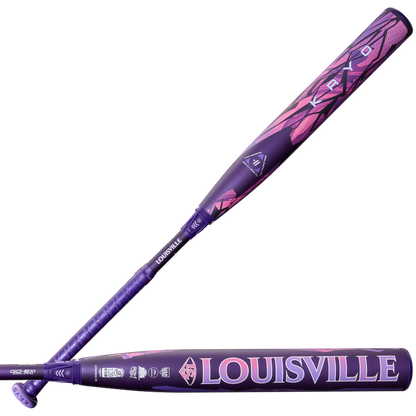 Two 2026 Louisville Slugger Kryo Thundernight (-11) Fastpitch Softball Bats (WBL4171010) are displayed—one from the barrel and one from the side—featuring purple, pink geometric patterns and Louisville Slugger branding on a white background.