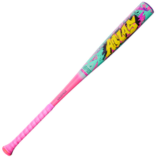 The 2026 Louisville Slugger Atlas Wildstyle (-3) BBCOR Baseball Bat (WBL4178010) features a vibrant pink handle, teal and purple barrel, bold yellow ATLAS graffiti lettering, and a modern 1-piece alloy design from Louisville Slugger.